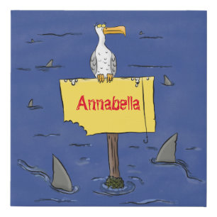 Funny sea bird circled by sharks cartoon faux canvas print