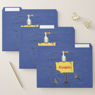 Funny sea bird circled by sharks cartoon file folder