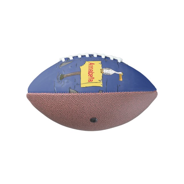 Funny sea bird circled by sharks cartoon football (Rotated 270)