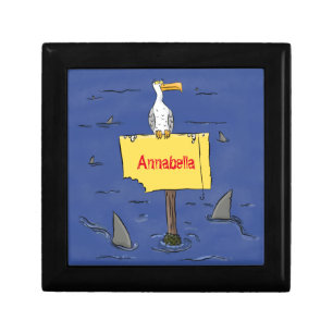 Funny sea bird circled by sharks cartoon gift box