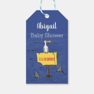 Funny sea bird circled by sharks cartoon gift tags
