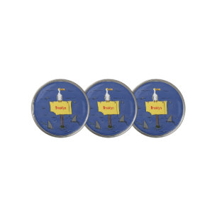 Funny sea bird circled by sharks cartoon golf ball marker