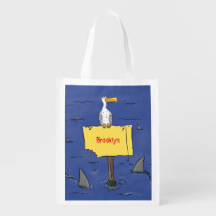 Funny sea bird circled by sharks cartoon grocery bag