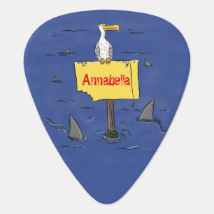 Funny sea bird circled by sharks cartoon guitar pick