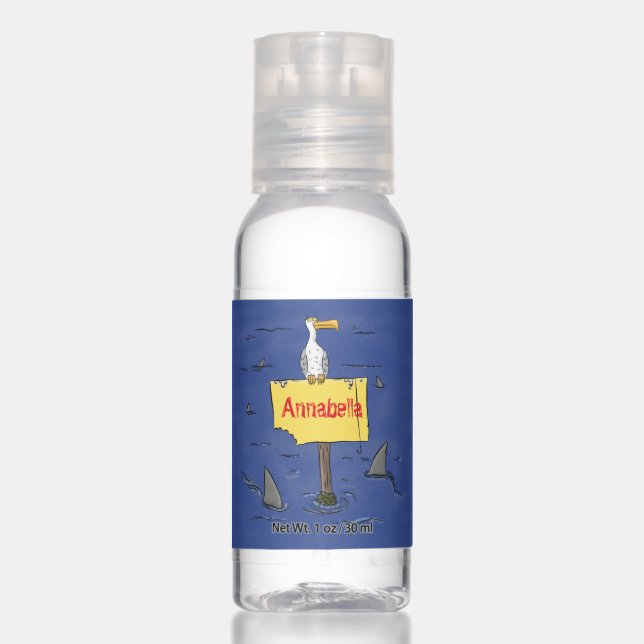 Funny sea bird circled by sharks cartoon hand sanitizer (Front)