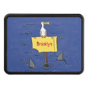 Funny sea bird circled by sharks cartoon hitch cover