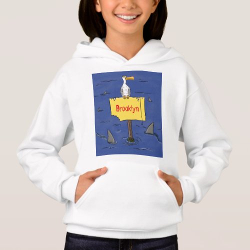 Funny sea bird circled by sharks cartoon hoodie