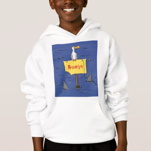 Funny sea bird circled by sharks cartoon hoodie