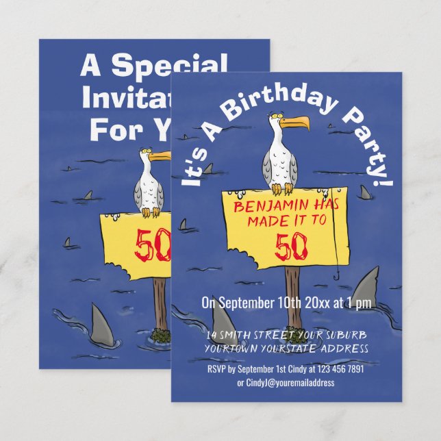 Funny sea bird circled by sharks cartoon invitatio invitation (Front/Back)