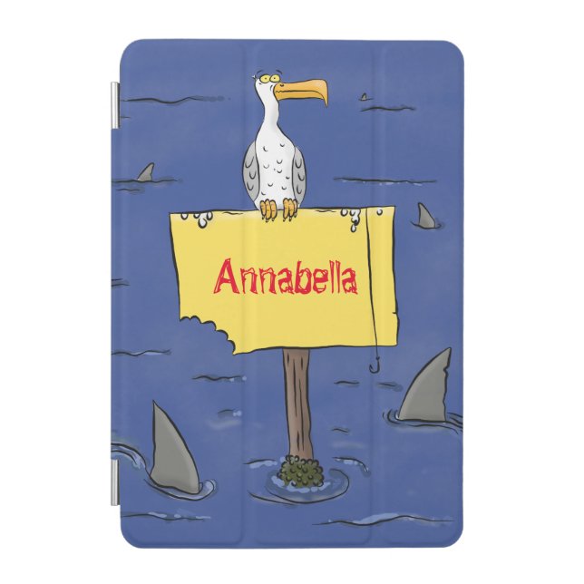 Funny sea bird circled by sharks cartoon iPad mini cover (Front)