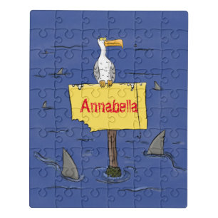 Funny sea bird circled by sharks cartoon jigsaw puzzle