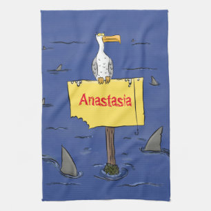 Funny sea bird circled by sharks cartoon kitchen towel