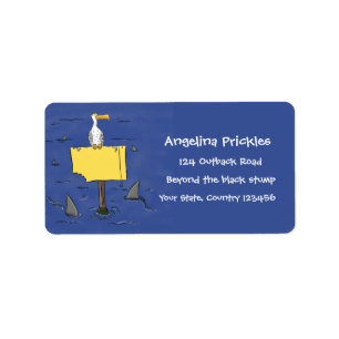 Funny sea bird circled by sharks cartoon label
