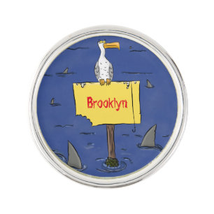 Funny sea bird circled by sharks cartoon lapel pin