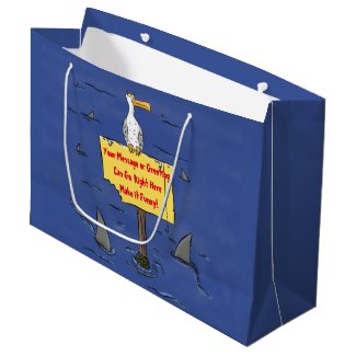 Funny sea bird circled by sharks cartoon large gif large gift bag