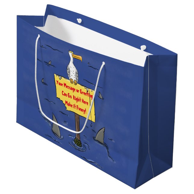 Funny sea bird circled by sharks cartoon large gift bag (Front Angled)