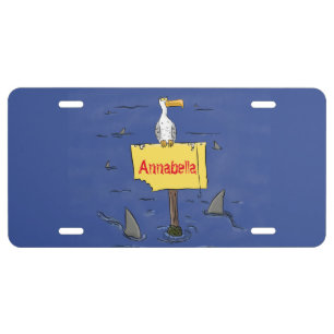 Funny sea bird circled by sharks cartoon license plate