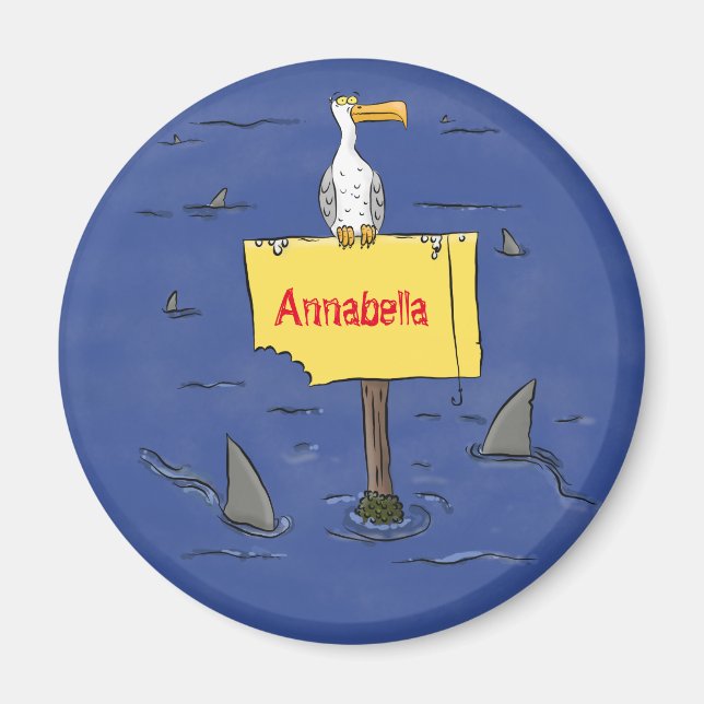 Funny sea bird circled by sharks cartoon magnet (Front)