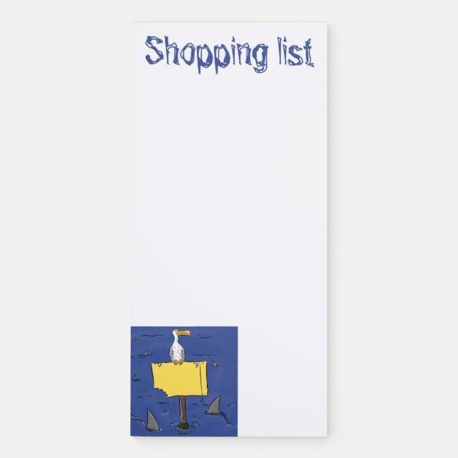 Funny sea bird circled by sharks cartoon magnetic notepad (Front)