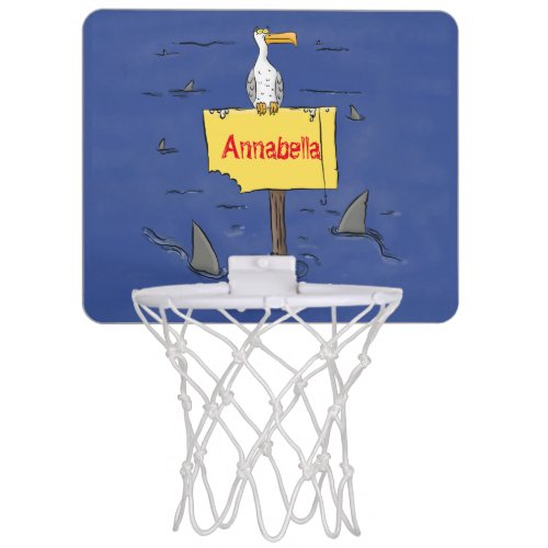 Funny sea bird circled by sharks cartoon mini basketball hoop