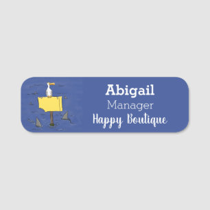 Funny sea bird circled by sharks cartoon name tag