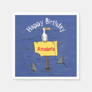 Funny sea bird circled by sharks cartoon napkins