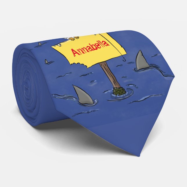 Funny sea bird circled by sharks cartoon neck tie (Rolled)