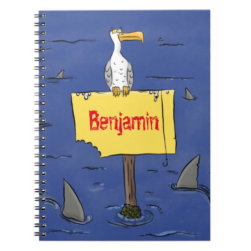 Funny sea bird circled by sharks cartoon notebook