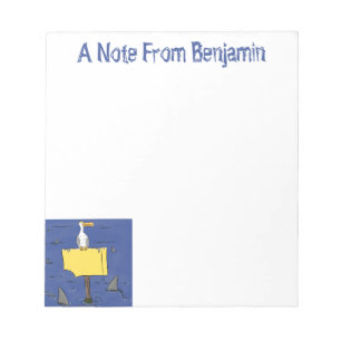 Funny sea bird circled by sharks cartoon notepad