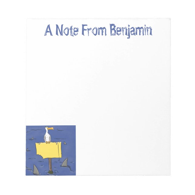 Funny sea bird circled by sharks cartoon notepad (Front)
