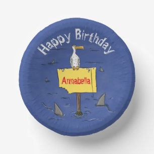 Funny sea bird circled by sharks cartoon paper bowls