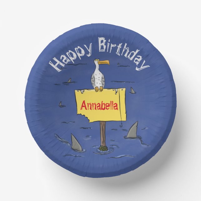 Funny sea bird circled by sharks cartoon paper bowls (Front)