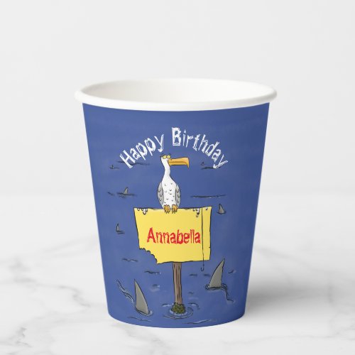 Funny sea bird circled by sharks cartoon paper cups