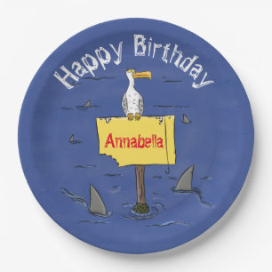 Funny sea bird circled by sharks cartoon paper plates
