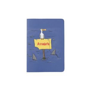 Funny sea bird circled by sharks cartoon passport holder