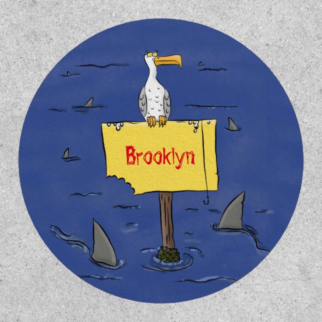 Funny sea bird circled by sharks cartoon patch (Front)