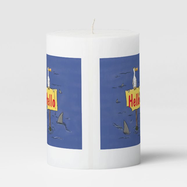 Funny sea bird circled by sharks cartoon pillar candle (Back)