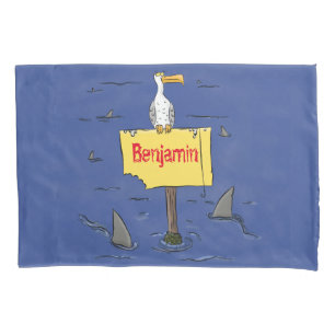 Funny sea bird circled by sharks cartoon pillow case