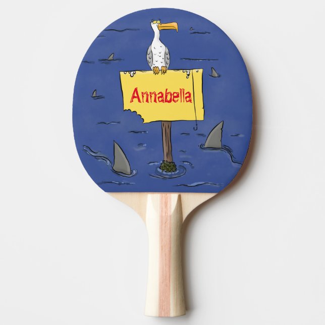 Funny sea bird circled by sharks cartoon ping pong paddle (Front)