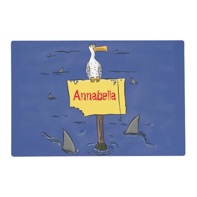 Funny sea bird circled by sharks cartoon placemat (Front)