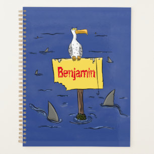 Funny sea bird circled by sharks cartoon planner