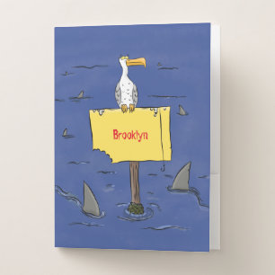 Funny sea bird circled by sharks cartoon pocket folder