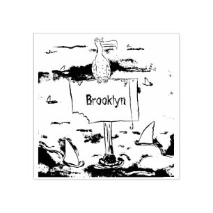 Funny sea bird circled by sharks cartoon rubber stamp