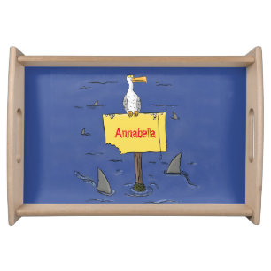 Funny sea bird circled by sharks cartoon serving tray