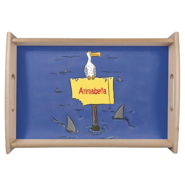 Funny sea bird circled by sharks cartoon serving tray (Front)