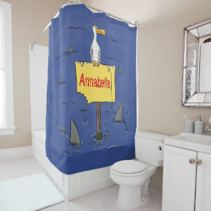 Funny sea bird circled by sharks cartoon shower curtain
