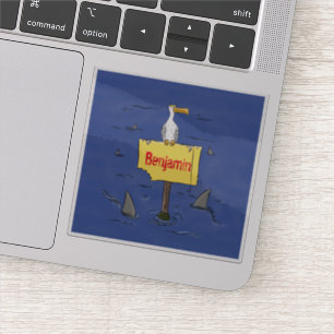 Funny sea bird circled by sharks cartoon sticker