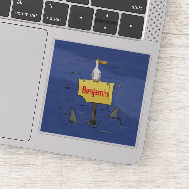 Funny sea bird circled by sharks cartoon sticker (Detail)