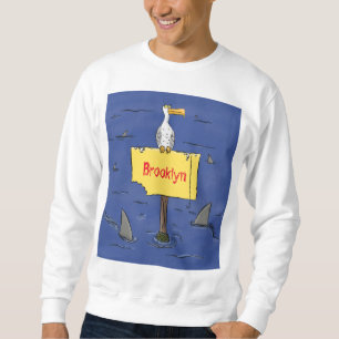 Funny sea bird circled by sharks cartoon sweatshirt