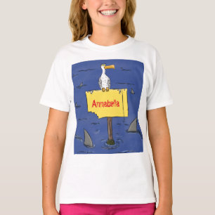 Funny sea bird circled by sharks cartoon T-Shirt